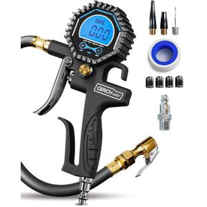GERCHWAY Digital Tire Pressure Gauge with Inflator (3-200 PSI), Heavy Duty Air Chuck and Compressor Accessories with Swivel Air Chuck, Longer Hose, Large Display (0.1 Res)