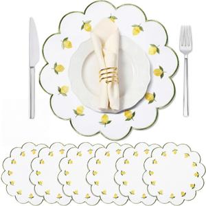 Qinyoung 6 Pieces Lemon Placemats 13.8 Inch Scalloped Embroidery placemats Fabric Linen Cotton mats Set Round Decorative Dining Table Mats for Wedding Birthday Bridal Party Decor