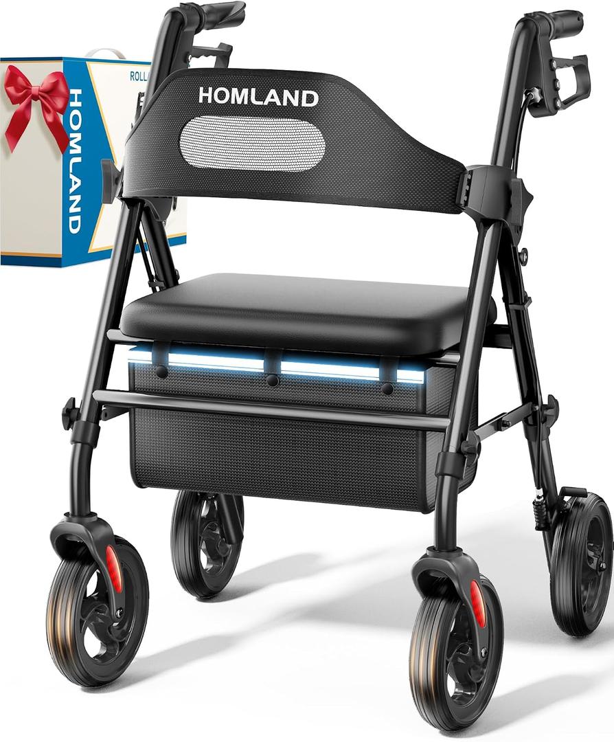 HOMLAND Foldable Rollator Walker for Seniors with Seat, 16" Extra-Wide Seat 8" All-Terrain Wheels, 1.6" Thick Padded Seat, Dual Adjustable Heights, Tool-Free Assembly, Pinch-Proof Design Rolling Walker, Black