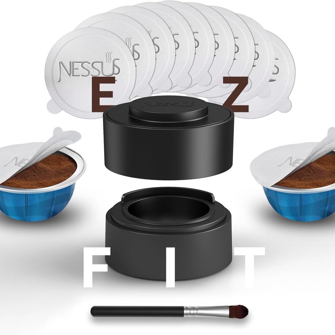 Nessus Reusable Vertuo Capsule Kit, [ALSeal EZ FIT] for Reusable Nespresso Pods with 150 Pcs Aluminum Foil Seal Lids, Holder, Brush, for Refilling Nespresso Vertuo Pods Reusable Vertuoline Pod (1 Holder + 150 Foils + 1 Brush)
