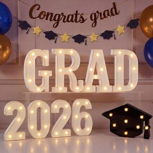 Duraaamo 2026 Graduation Decorations, LED Marquee Light up Letters "GRAD 2026", Graduation Cap Garland Banner with Star, Cap Light Sign for Class of 2026 Party Supplies Table Wall Decor