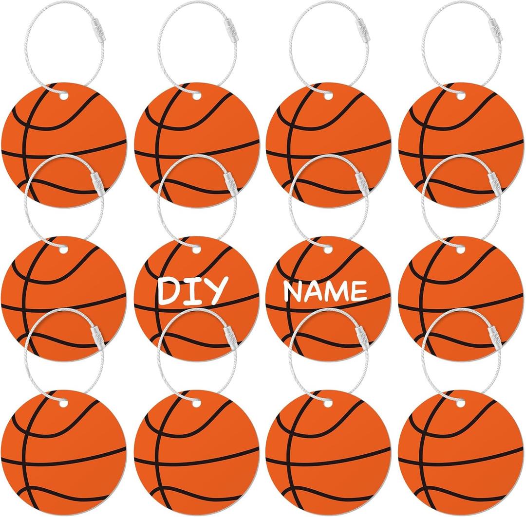 12 PCs Basketball Luggage Tags for Travel Suitcases Labels with Metal Ring 2.75in Basketball Keychain PVC Name Id and DIY Pocket Hug Card for Men Women Travel Bag Suitcase