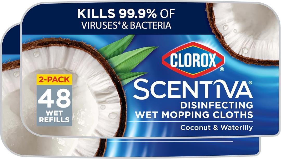 Clorox Scentiva Disinfecting Wet Mop Pad, Disposable Mop Heads, Coconut and Waterlily, 2 Packs, 24 Wet Refills Per Pack