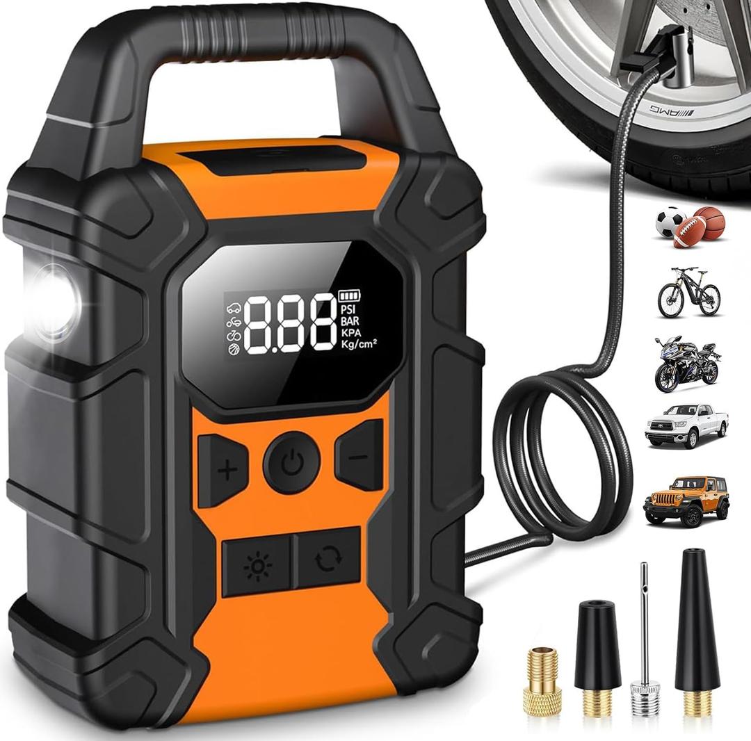 Tire Inflator Portable Air Compressor, 150PSI Air Pump for Car Tires, Rechargeable Car Accessories with Pressure Gauge and LED Light, for Cars, Bikes, Motorcycles