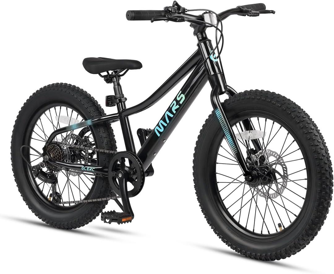 Glerc Mars Kids Mountain Bike, 20 Inch Fat Tire Bike for Teen Ages 6-12 Year Old, Bicycle with 2.8-Inch Wide Tires and 6 Speed Drivetrain, Black