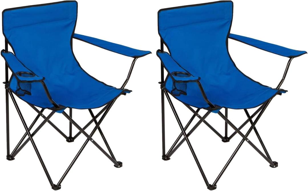 Folding Camping Chair with Cup Holder, 225lbs Capacity, Portable Foldable Chair with Large Anti-Sink Feet, PE Coated Fabric for Outdoor, Beach, Fishing, Backpacking, Blue 2PCS