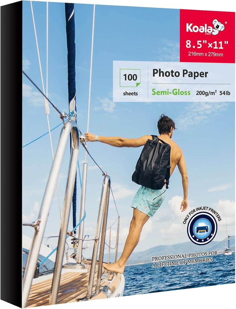 Koala Semi Gloss Photo Paper 8.5 x 11 Inch, Water-Resistant Inkjet Photo Printer Paper, Resin-Coated Photo Paper, 100 Sheets 54LB