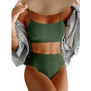 Lilosy High Waisted Tummy Control Ribbed Bikini Crop Top Brazilian Swimsuit Set 2 Piece (XX-Large, Green)