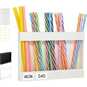 Straw Holder, Transparent Acrylic Straw Dispenser with Double Sided Adhesive Tape and Stickers,Organizer for Cupboard Reusable for Kitchen Counter (White)