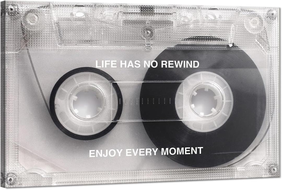 Yatsen Bridge Black and White Music Wall Art with Life Has No Rewind Enjoy Every Moment Motivation Words,Pop Culture Abstract Cassette Wall Painting Stretched and Framed Ready to Hang- 28"X44"