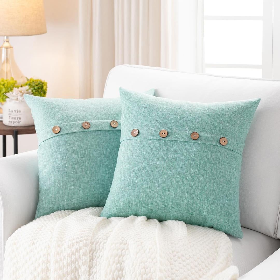 Meekio Set of 2 Aqua Square Pillow Covers 18 x 18 Summer Beach Pillow Covers with Coconut Buttons for Sofa Couch Living Room Bedroom Farmhouse Dcor for The Home