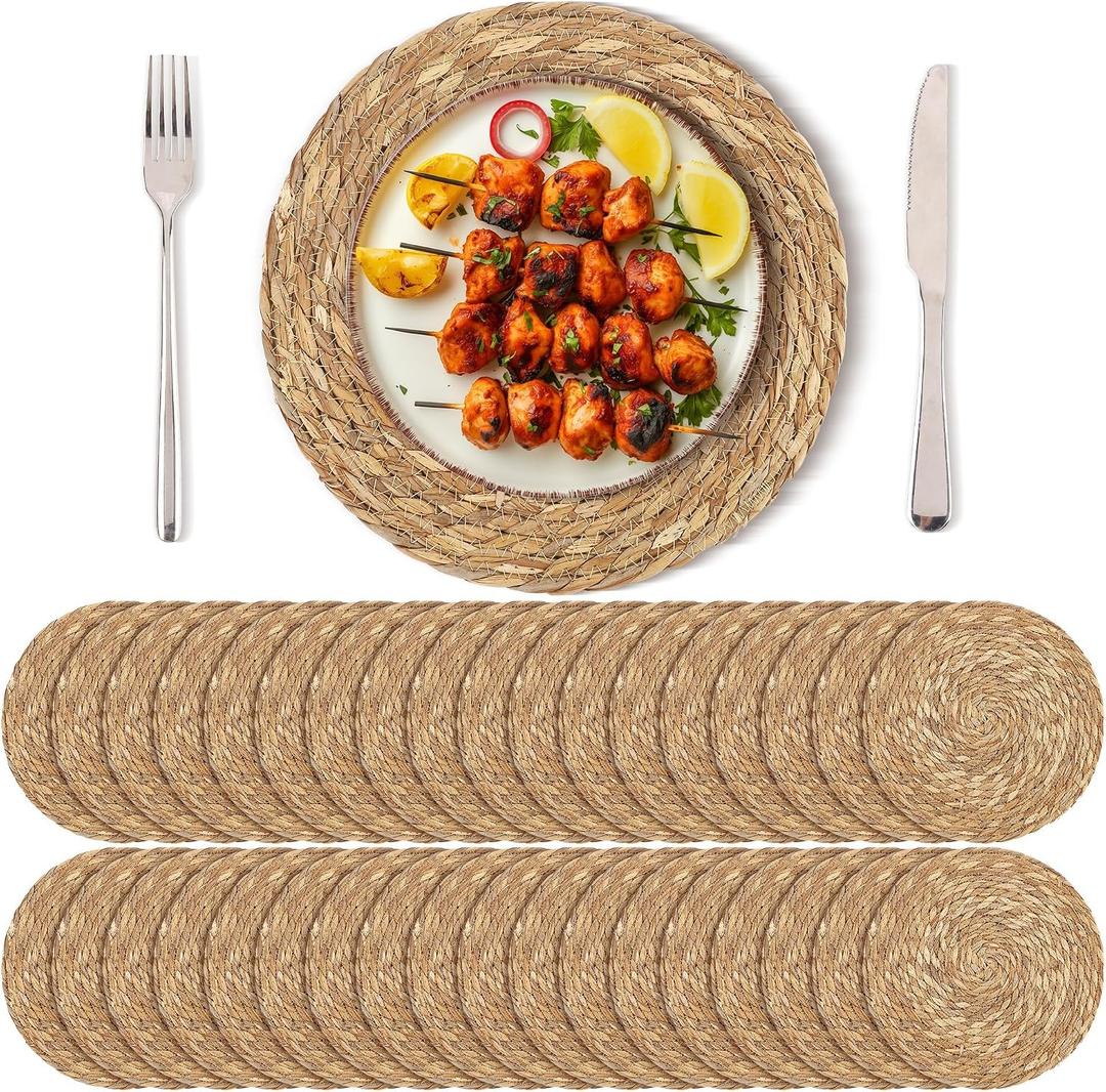 Kochorie Set of 36 Round Woven Placemats 13.8 Inch Bulrush Placemats Natural Handwoven Boho Rattan Wicker Table Mats for Farmhouse & Home Dining