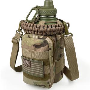 Half Gallon Water Bottle with Sleeve - 64 Oz Insulated Water Jug with Handle - Green Stainless Steel Sports Water Bottle for Gym Workout Hiking Tactical Bottle Holder with Pouch Camo