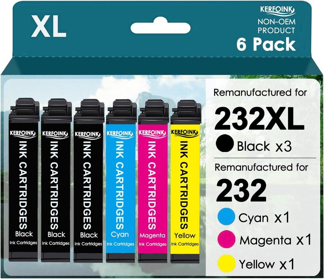 KERFOINK 232XL Remanufactured for Epson 232XL Ink Cartridge Combo Pack 232 XL with Workforce WF-2930 WF-2950 Expression XP-4200 XP-4205 Printer (6 Pack, 3 Black Cyan Yellow Magenta)