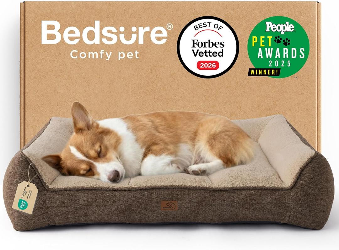 Bedsure SupportMax Orthopedic Dog Bed Medium Size Dog - Extra Thick Supportive Medium Dogs Beds with Waterproof Washable Cover, Comfort Pet Bed Sofa with Soft Sherpa and Nonskid Bottom, Brown, 35"