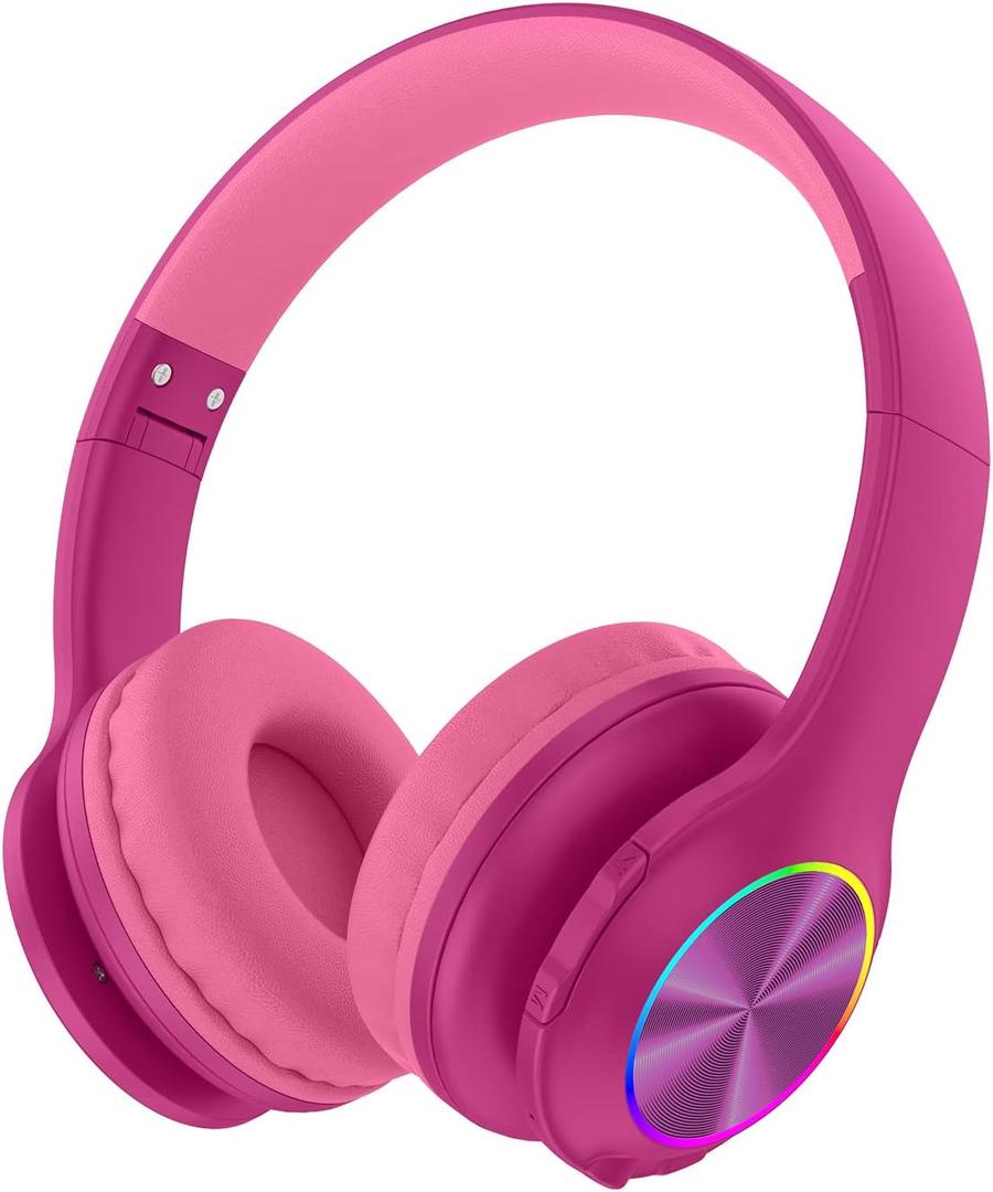 2024 Bluetooth Kids Headphones Fit for Aged 3-21, Colorful LED Lights Comfort Wireless Headphones with Microphone 94dB Volume Limited for School/iPad/PC/TV/Cellphones, Wired & TF Card Mode, Hot Red