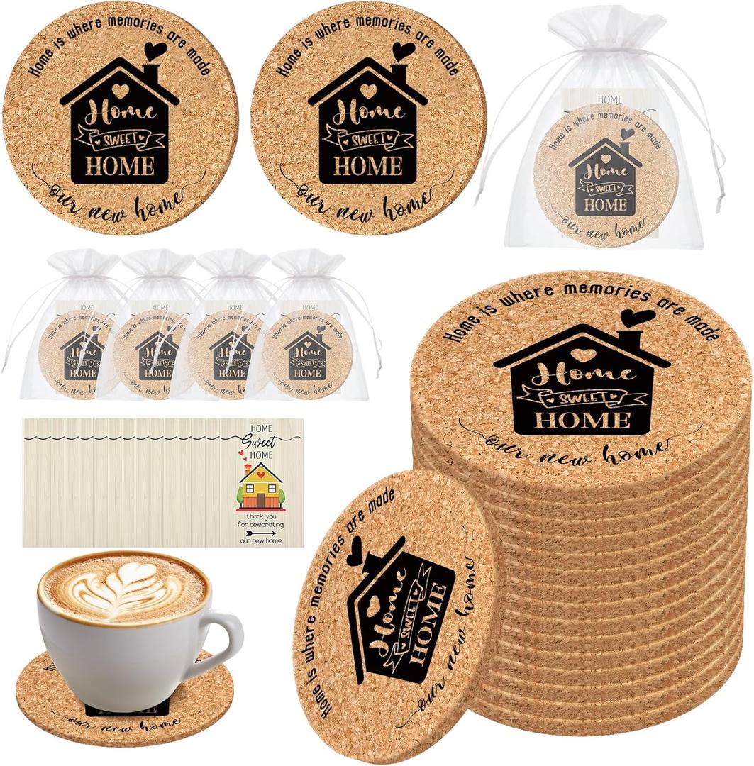 50 Sets Housewarming Party Decorations Home Sweet Coasters Cork Coaster with Thank You Cards Organza Bags Return Gifts for New Home Gift Guests Holiday Party Decorations