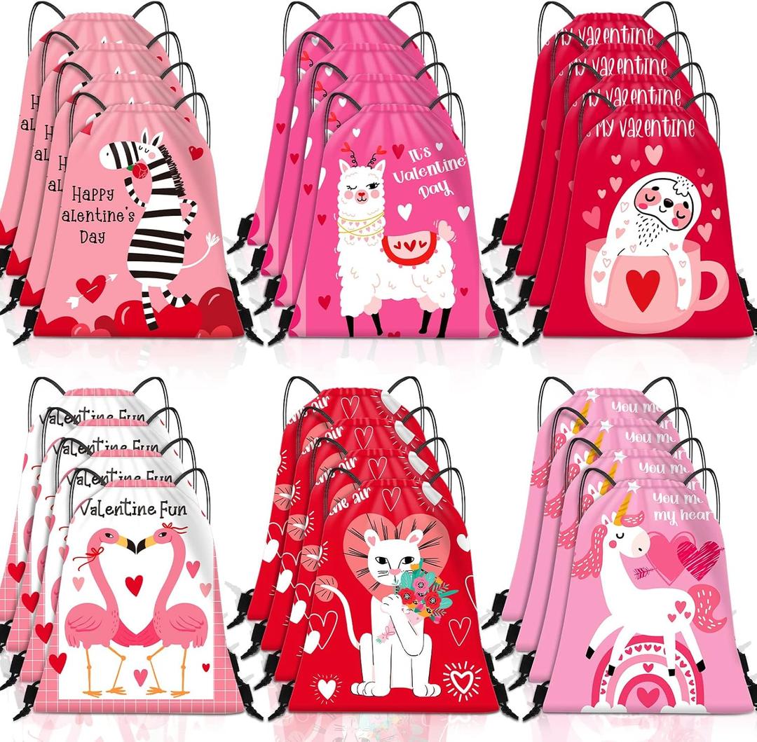 Tudomro 24 Pack Valentines Day Gift Bag Wedding Drawstring Backpack Bulk Tote Drawstring Bags for Kids Birthday Valentines Day Party, Anniversary, 9.84 x 11.81 Inch, 6 Styles