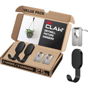 3M CLAW 25 lb. 2 Drywall Black Hooks & 2 Extra Picture Hangers, Heavyweight Hanging Solution for Backpacks, Jackets, Pictures and Room Decor, Cute Wall Hooks - 4 Pack