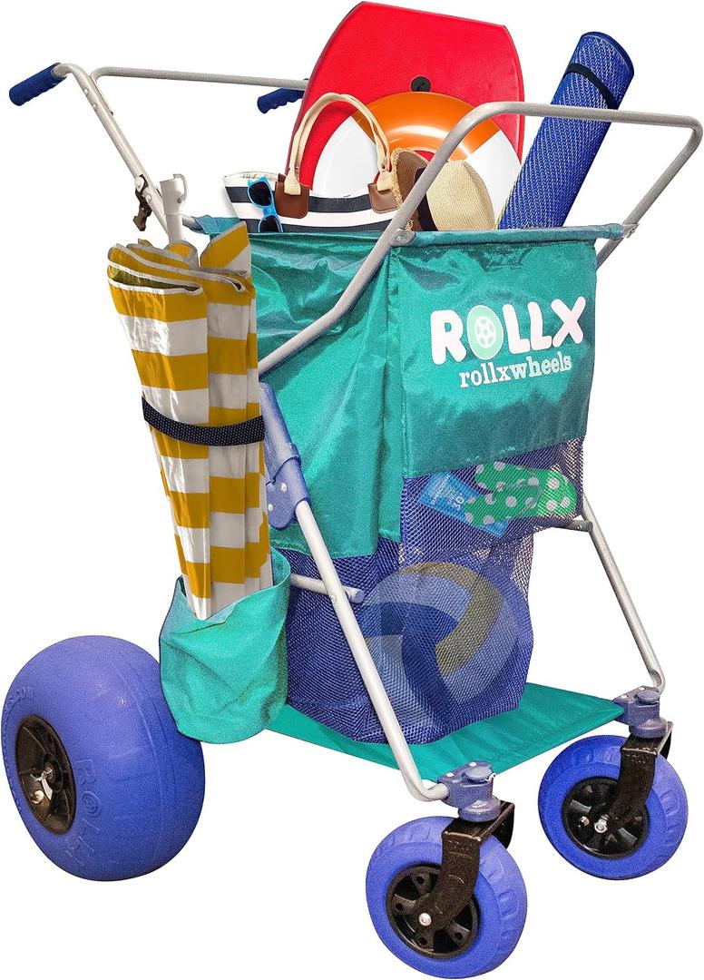 RollX Beach Cart With 4 Balloon Wheels for Sand, Foldable Storage Wagon With Rear 13 Inch and Front 7 Inch Tires (Pump Included) (Seafoam)