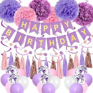 Purple Pink Birthday Party Decorations for Women Girls with Happy Birthday Banner,Hanging Swirls,Tissue Paper Pompoms,Circle Dots Garland,Tassel Garland Purple Balloons