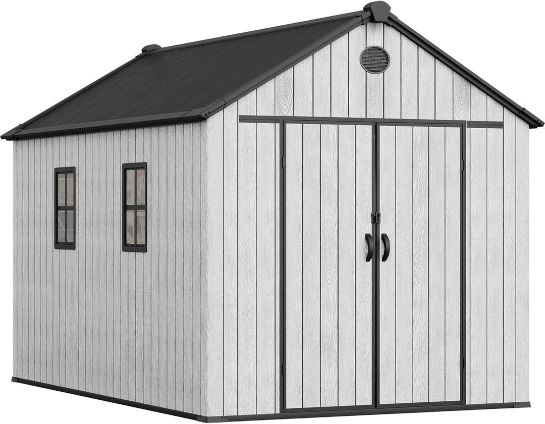YITAHOME 8x12 FT Outdoor Storage Shed with Floor, Waterproof Extra Thick Plastic Garden Shed with Lockable Doors, 2 Vision Windows Vents, 16mm Heavy Duty Tool Shed for Bikes, Patio or Backyard, Gray