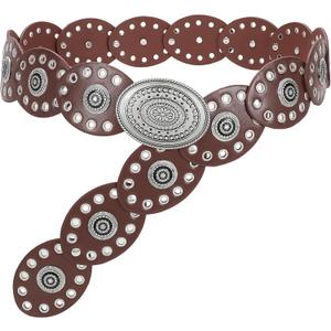 WHIPPY Women Disc Concho Leather Belt Western Cowgirl Hollow Belt Vintage Boho Oval Waist Belt for Music Festival Dress Jeans (Fit Waist Size Up to 40", Coffee) WHIPPY Women Disc Concho Leather Belt Western Cowgirl Hollow Belt Vintage Boho Oval Waist Belt for Music Festival Dress Jeans (Fit Waist Size Up to 40", Coffee)