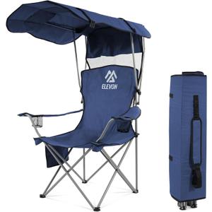 Elevon Camping Chair, Oversized Folding Chair with Canopy, Portable Outdoor Chair with Arms, Cup Holder and Carry Bag for Camping, Fishing, Beach, and Sports, Indigo