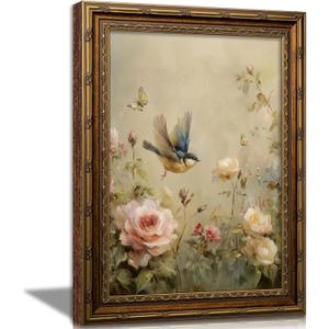 Vintage Gold Framed Bird Wall Art Spring Cottagecore Painting Canvas Sparrow And Butterfly In The Rose Bush Picture Wall Decor Whimsical Floral Aesthetic Print Artwork For Living Room Bedroom