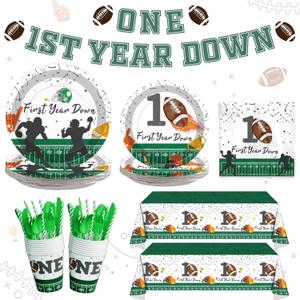 Costova First Year Down Birthday Party Decorations Tableware Set, Football 1st Plates, Napkins, Cutlery, Touchdown Tablecloth, Serve 24 Guests