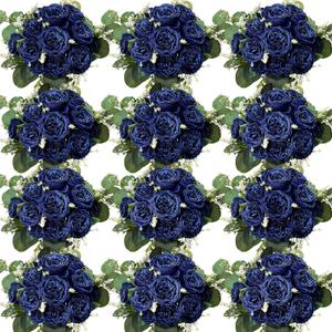 Peonies Artificial Flowers Bulk, 12 Bundles Fake Silk Peonies Faux Eucalyptus Bouquet Realistic Peony Floral Arrangement for Wedding Table Centerpiece Vase Decor (Navy Blue)