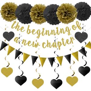 2 x The Beginning of a New Chapter Banner Funny Going Away Party Graduation Happy Retirement Party Decorations Supplies Glitter Black Gold Goodbye Farewell Party Decoration for Coworker Friends Graduates