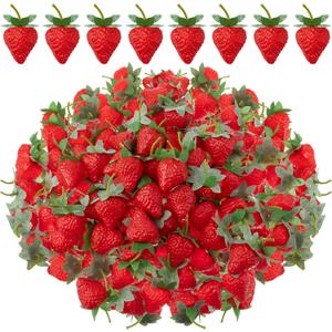 Lyrow 100 Pieces Artificial Strawberries 2.2inch/2.76inch/3.35inch Faux Realistic Strawberry Decor Plastic Simulation Fake Lifelike Fruit for Photography Prop Cabinet Party(Cute)