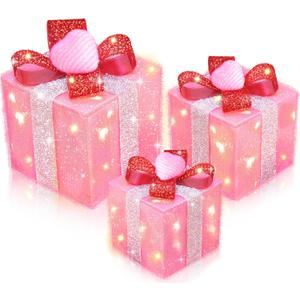 Timer & 8 Mode 3 Pack Valentines Decorations Pink Valentines Lighted Gift Boxes with Hearts Red Glitter Bow 60 LED Battery Operated Present Box Pink Decor for Indoor Outdoor Xmas Wedding Christmas