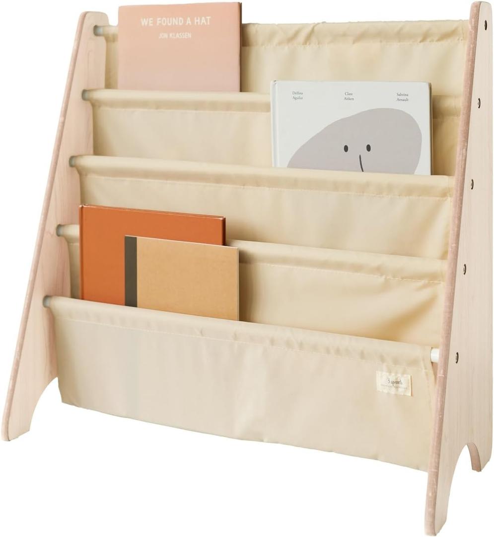 3 Sprouts Kids Bookshelf with Recycled Fabric - 4-Tier Sling Storage for Kids Rooms Holds 35 Titles - Toddler Organizer for Ages 3+ - Beige
