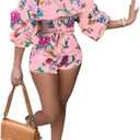 Women Sexy One Piece Romper Outfits Pull Sleeve Floral Print Off Shoulder Short Jumpsuit Pants Set (X-Large, Pink)