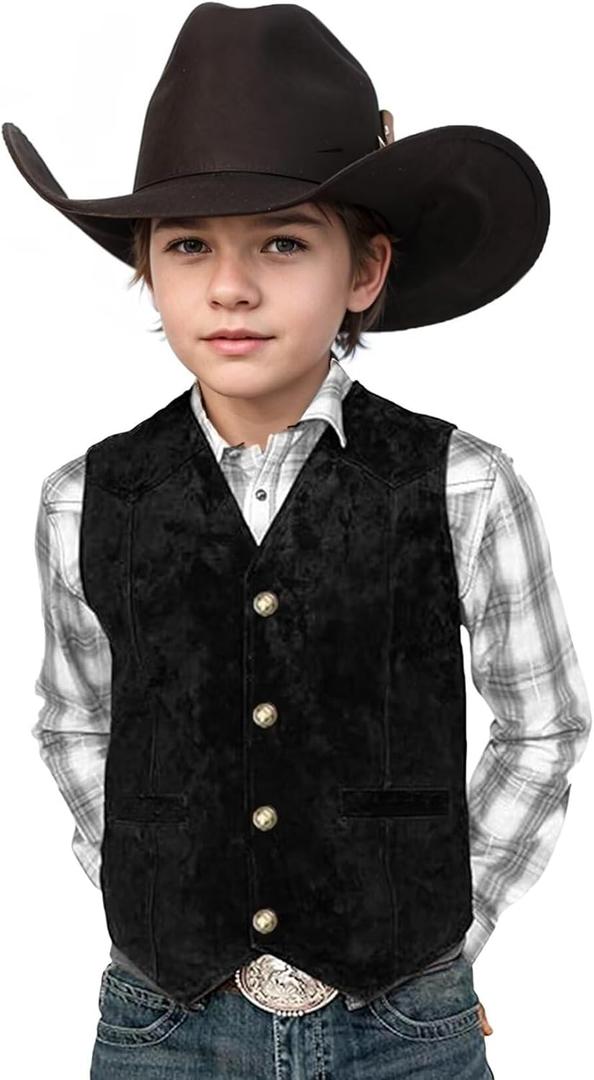 Retro Boys Western Vest Suede Cowboy Style Costume Vest Casual Waistcoat 8Y