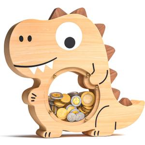 Wooden Dinosaur Piggy Bank for Boys, Safe & Durable Kids Money Bank with Clear Window, Easy-Access Coin Bank, Educational Saving Gift for Birthday & Holidays (Default-9", Dinosur01)