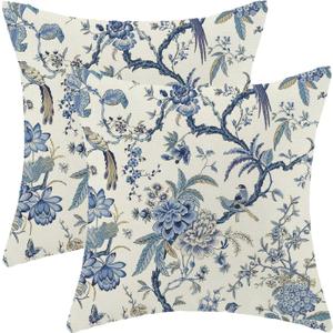 CXMEIFLY Spring Floral Birds Pillow Covers 24 x 24 Inch Set of 2 for Chinoiserie Flowers Decor Throw Pillows Blue and White Plant Outdoor Decorative Cushion Cases for Couch Bed Decorations