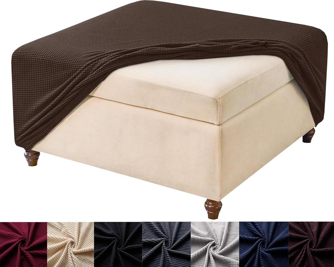 HFCNMY Stretch Square Ottoman Cover Knitted Jacquard Ottoman Cover Washable Square Ottoman Slipcover Storage Ottoman Cover Foot Stool Cover with Elastic Bottom Coffee X-Large