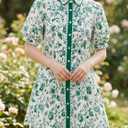 Wenrine Womens Mini Dress Summer Casual Short Puff Sleeve Floral Collared V Neck Loose Button Down Shirt Dress with Pockets (Green, XL)