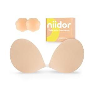 Niidor Adhesive Bra Invisible Silicone Reusable Sticky Bra Strapless Backless Adhesive Bra for Women Wedding Dress Nude, Cup Size: D