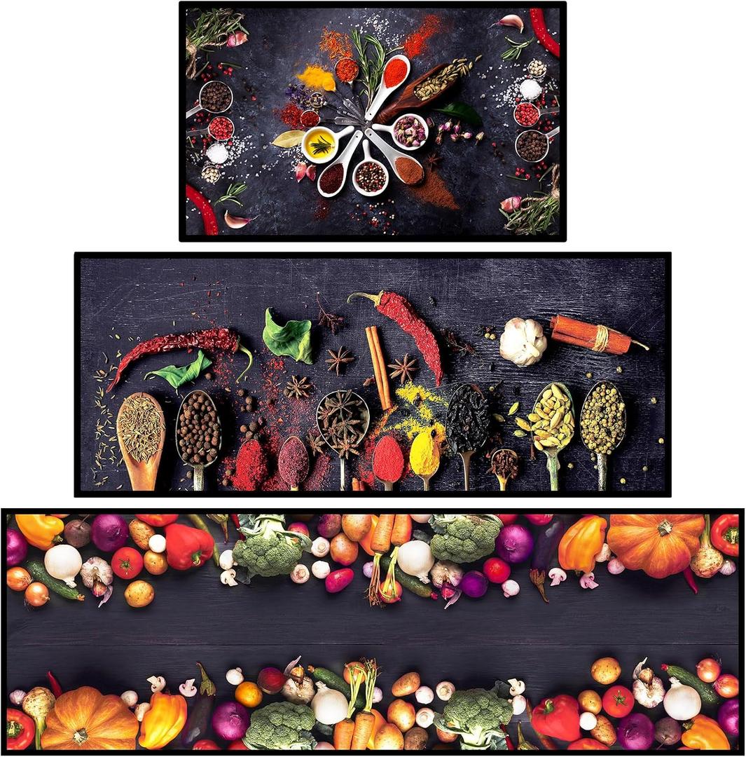 Tinideya 3 Pcs Spice Kitchen Floor Mats Anti Fatigue Farmhouse Washable Cooking Artistic Colorful Kitchen Rugs Non Slip Comfort Standing Cushioned for Cooking, 20'' x 32'', 20'' x 48'' + 20'' x 59''