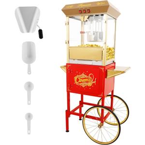 Commercial Popcorn Machin with Cart, Movie Theater Popcorn Maker with 16 Oz Kettle, 3-Switch Control & Tempered Glass Doors, Vintage Pop Corn Machine for Events, Parties, Golden Red