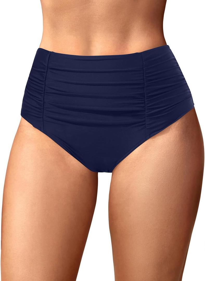 Holipick Bathing Suit Bottoms for Women - High Waisted Bikini Bottoms Ruched Tummy Control Swimsuit Bottom (Medium, Navy Blue)