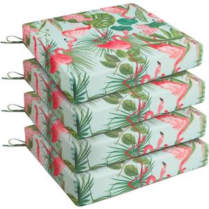 UNIKOME Outdoor Chair Cushions Pack of 4, Water Resistant Patio Cushions with Ties, High Density Sponge Filling Square Corner Seat Cushions for Outdoor Furniture, 18.5"*16"*3", Flamingos
