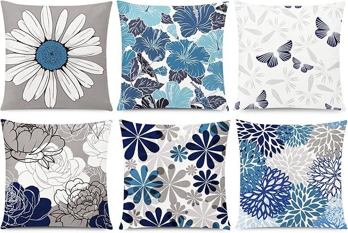 COMMINY Brown Grey Pillow Covers 18x18 Set of 6 Decorative Daisy Flower Throw Pillow Cover for Couch Modern Coffee Pillow Case for Patio Living Room Cushion Bed Farmhouse Home Decor