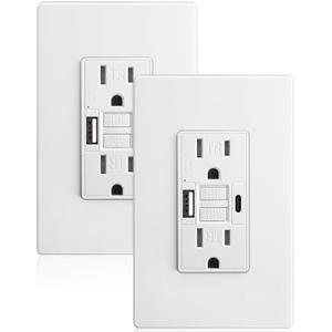 SURAIELEC 15 Amp GFCI Outlet with USB-C & USB-A Ports, Self-Test GFCI Electrical Outlet Combination with USB, Tamper-Resistant GFCI USB Outlet, Screwless Wall Plate Included, ETL Listed, White,2-Pack