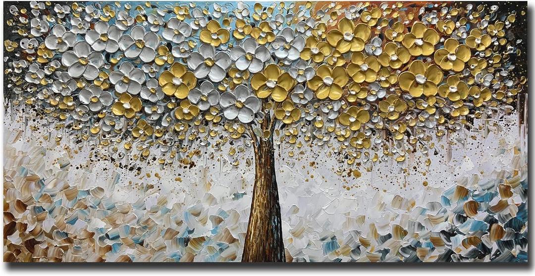 ART8YUQI Art - Contemporary Abstract Art Oil Painting On Canvas Texture 3D Silver - Golden Flower painting Handmade Artwork Picture Canvas Wall Art Modern Home Decor living room Ready to Hang 30x60 inch (60L" x 30W")