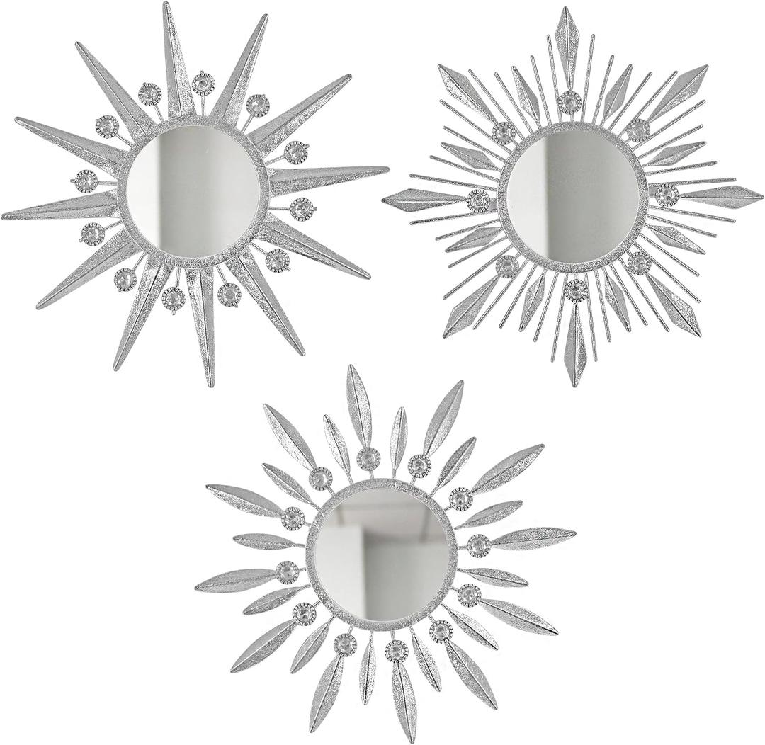Silver Mirrors Wall Decor, Metal Sunburst Mirror Wall Art Christmas Decorative Mirrors, 9 inch Home Christmas Decoration Rhinestone Small Mirror for Living Room Entryway Set of 3